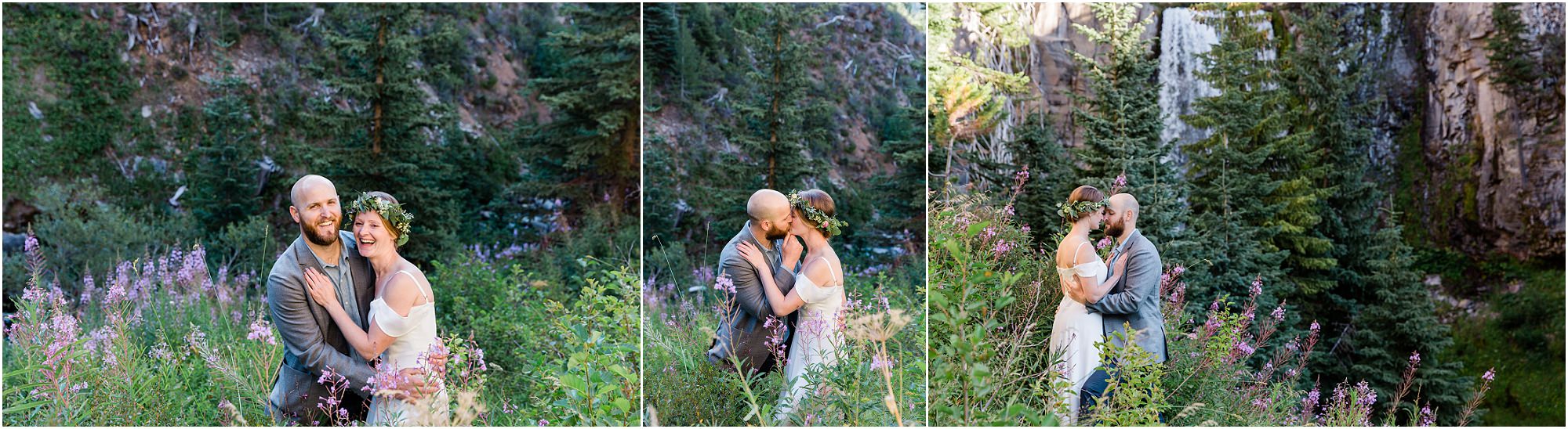 A bride and groom stand in the fireweed wildflowers and snuggle in close during their Tumalo Falls elopement photography session. | Erica Swantek Photography