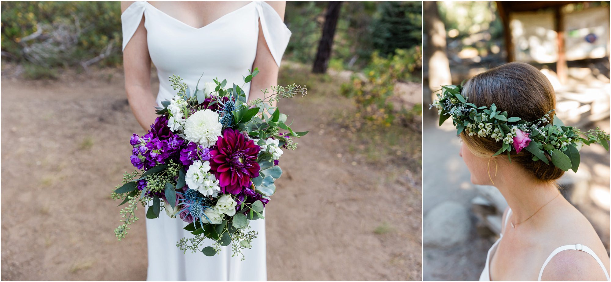 A gorgeous bouquet and floral headpiece with purple dahlias, pink and white roses and tons of greenery for this adventurous Tumalo Falls elopement bride in Bend, OR. | Erica Swantek Photography