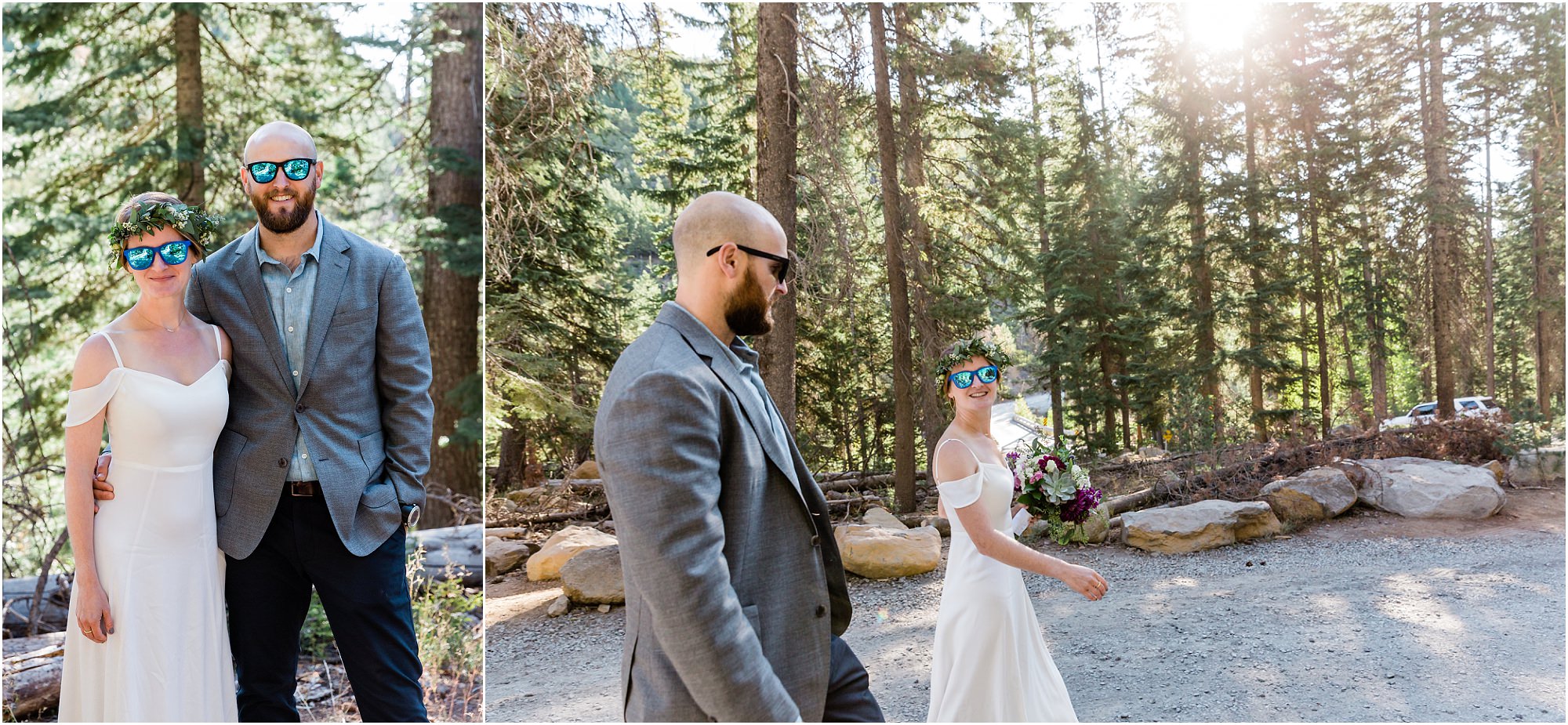 A bride and groom wear fun reflective sunglasses as they walk around the parking lot of Tumalo Falls during their Bend Oregon elopement. | Erica Swantek Photography