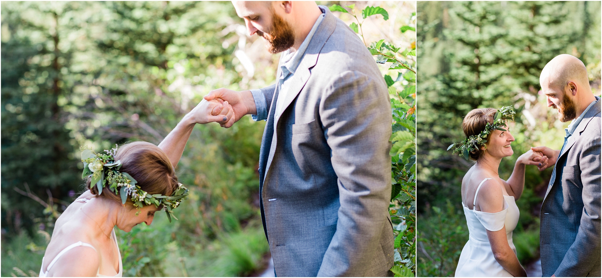 A bride looks adoringly into her groom's eyes as he takes her hand and helps her up the steep trail during their Oregon adventurous elopement at Tumalo Falls in Bend. | Erica Swantek Photography