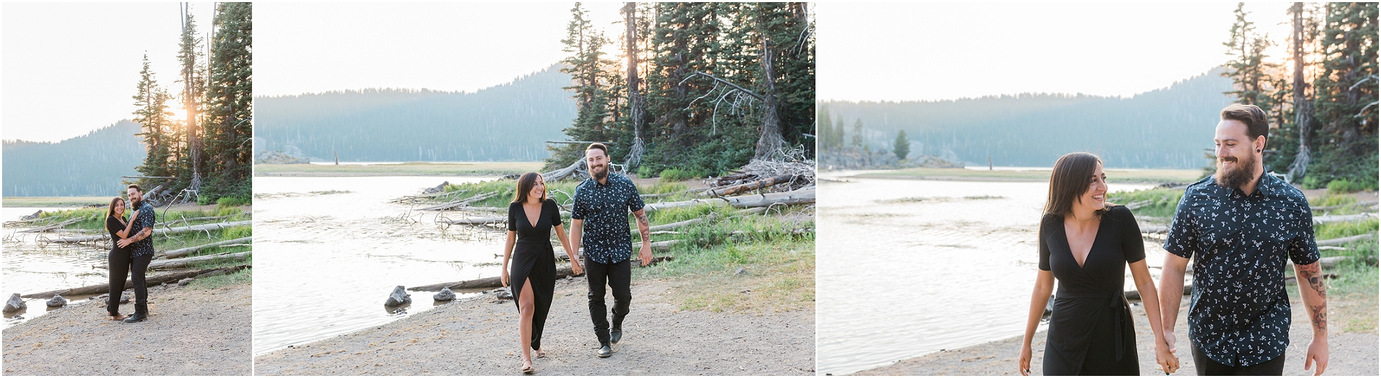 A gorgeous brunette wearing a black dress and a handsome tattooed man walk hand in hand during their engagement session at Sparks Lake near Bend, OR. | Erica Swantek Photography