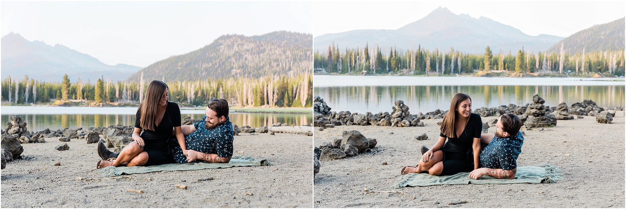 A young couple sits on a blanket in the sand at their Sparks Lake Oregon engagement photo session near Bend. | Erica Swantek Photography