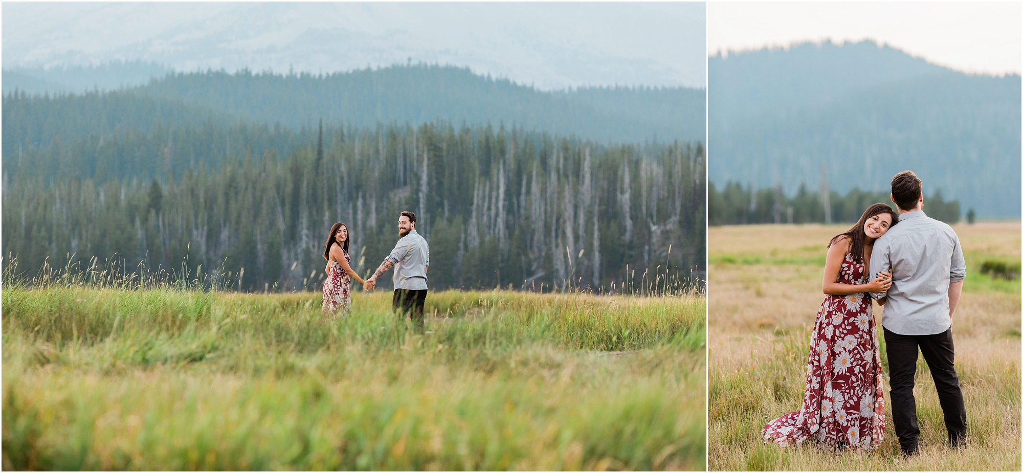 A woman in a red floral dress stands in a mountain meadow holding her fiance's hand at their Sparks Lake Oregon engagement session. | Erica Swantek Photography