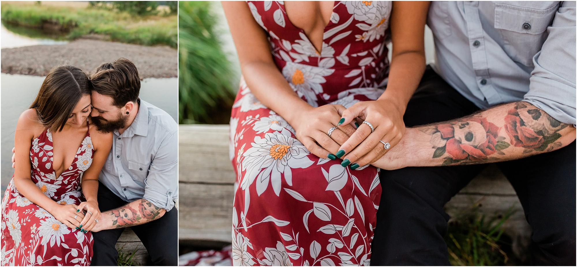 A couple holds hands while sitting on a log by the creek at their gorgeous Sparks Lake Oregon engagement photography session. | Erica Swantek Photography