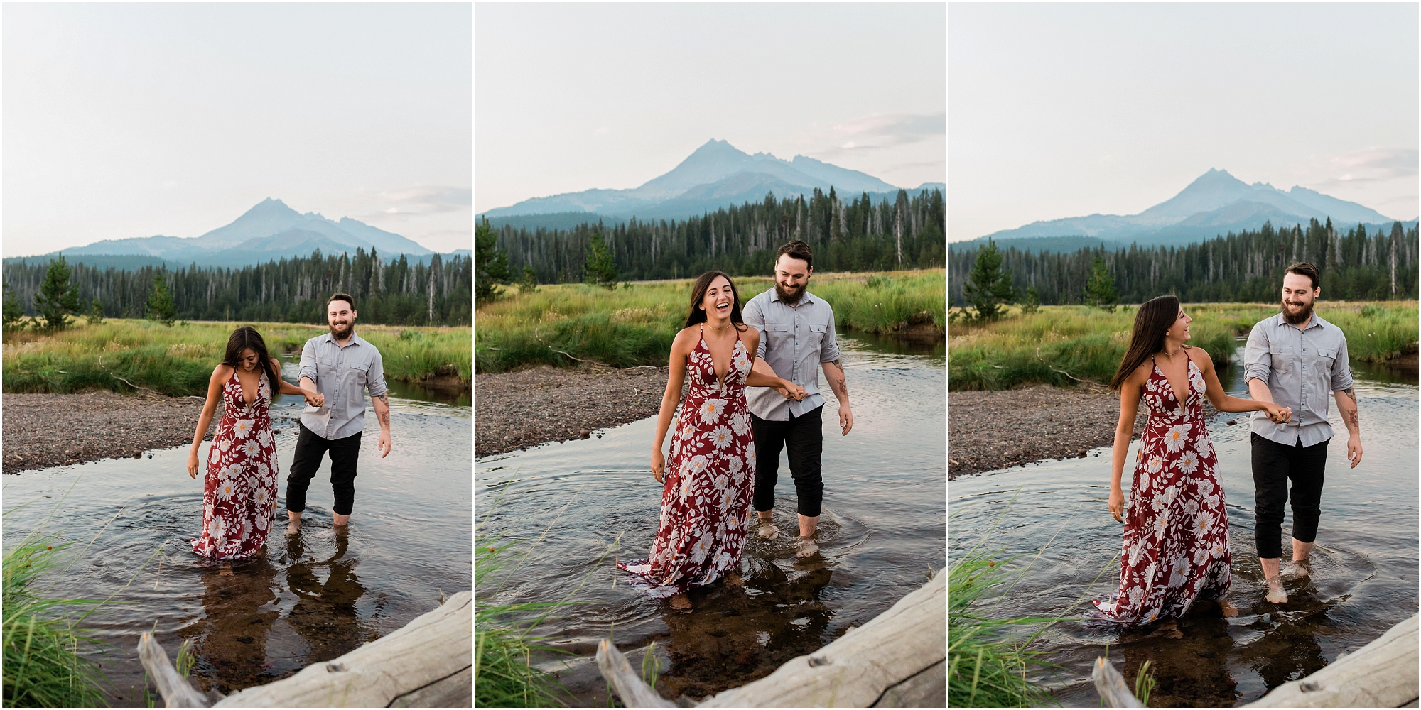 A couple wades in a mountain stream for their Bend Oregon engagement photo session. | Erica Swantek Photography