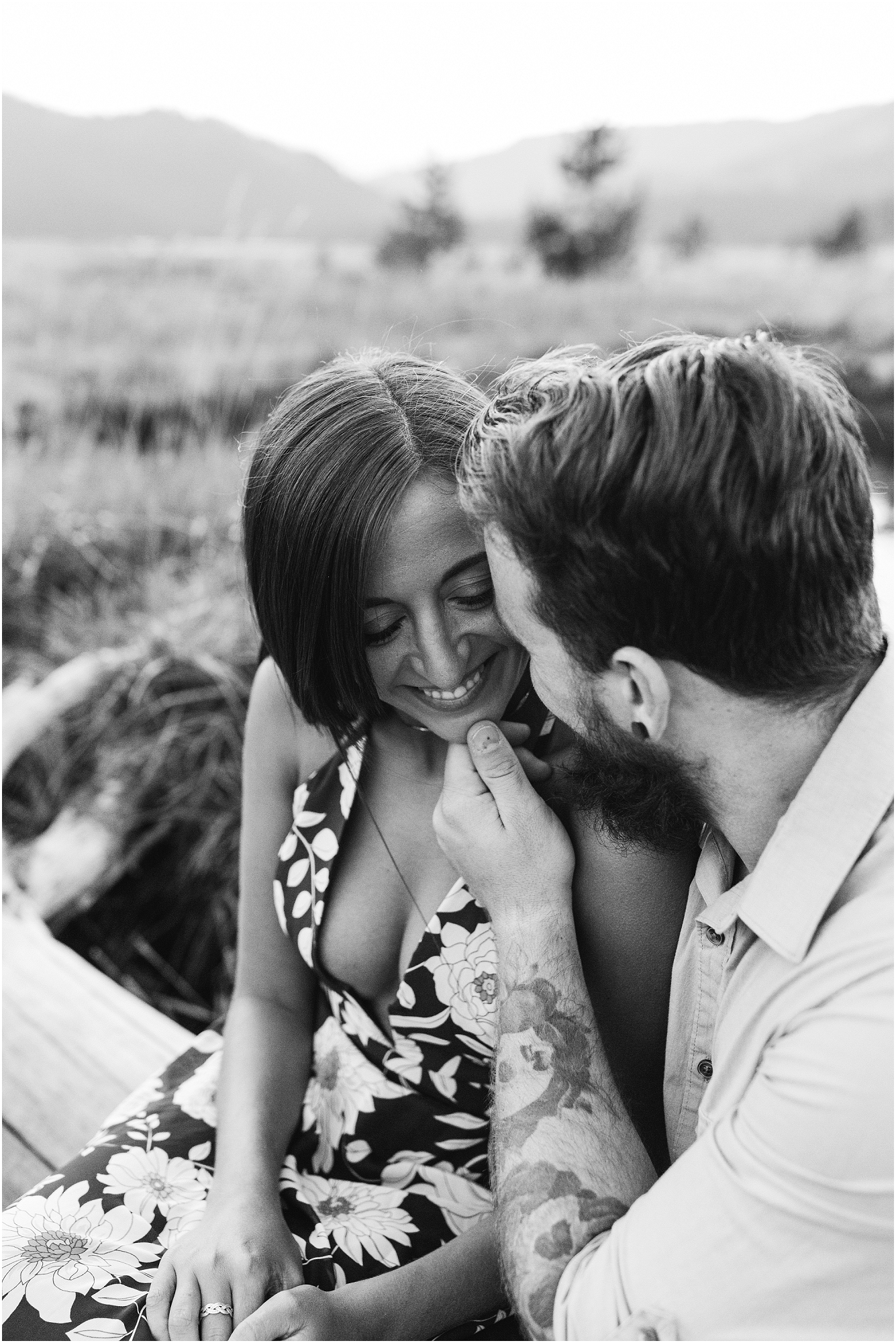 A moody black and white engagement photo session at Sparks Lake near Bend, OR. | Erica Swantek Photography