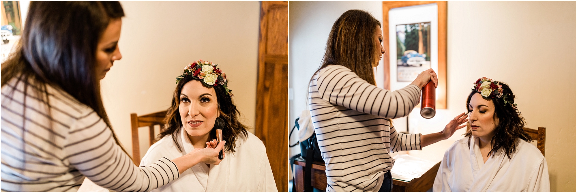 A bride has her hair and makeup done by Kate Tuma for this Central Oregon winter elopement at Five Pine Lodge. | Erica Swantek Photography