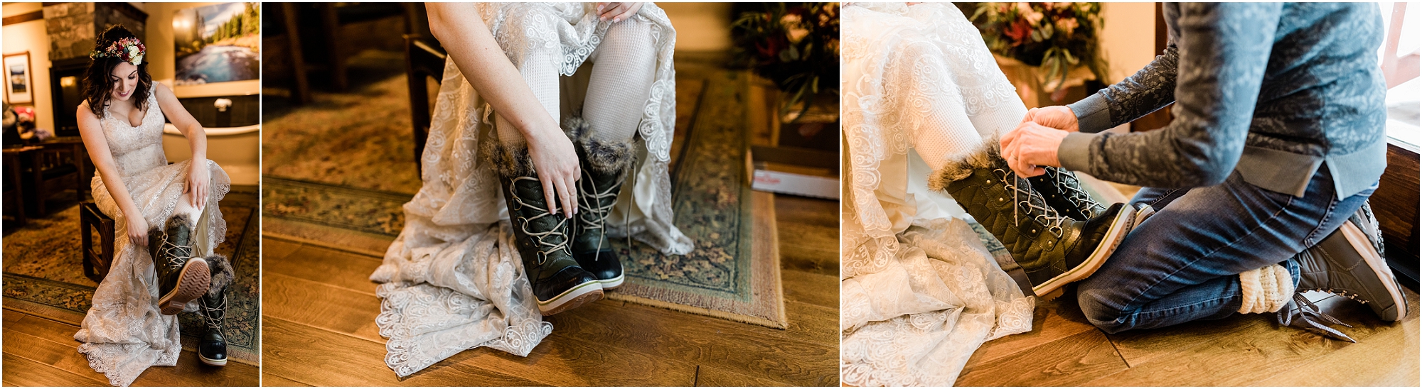 A bride wears grey Sorel boots for her Central Oregon winter elopement at Five Pine Lodge in Sisters. | Erica Swantek photography