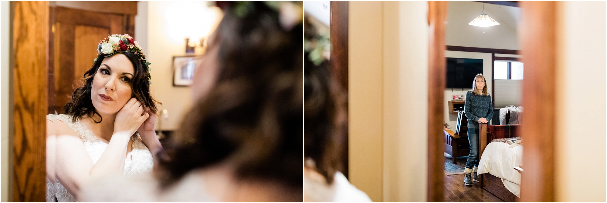 A mother waits as her daughter puts her earrings on before her Five Pine Lodge winter elopement in Oregon. | Erica Swantek Photography
