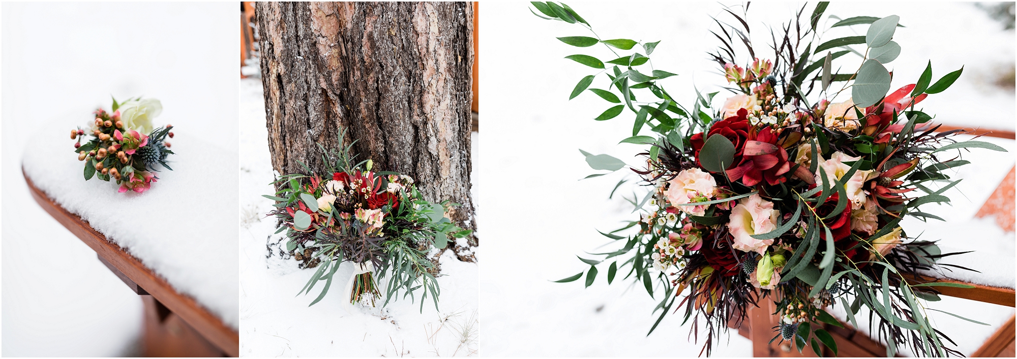 A gorgeous bridal bouquet and boutonniere with red and pink florals and greenery for a Central Oregon winter elopement. | Erica Swantek Photography 