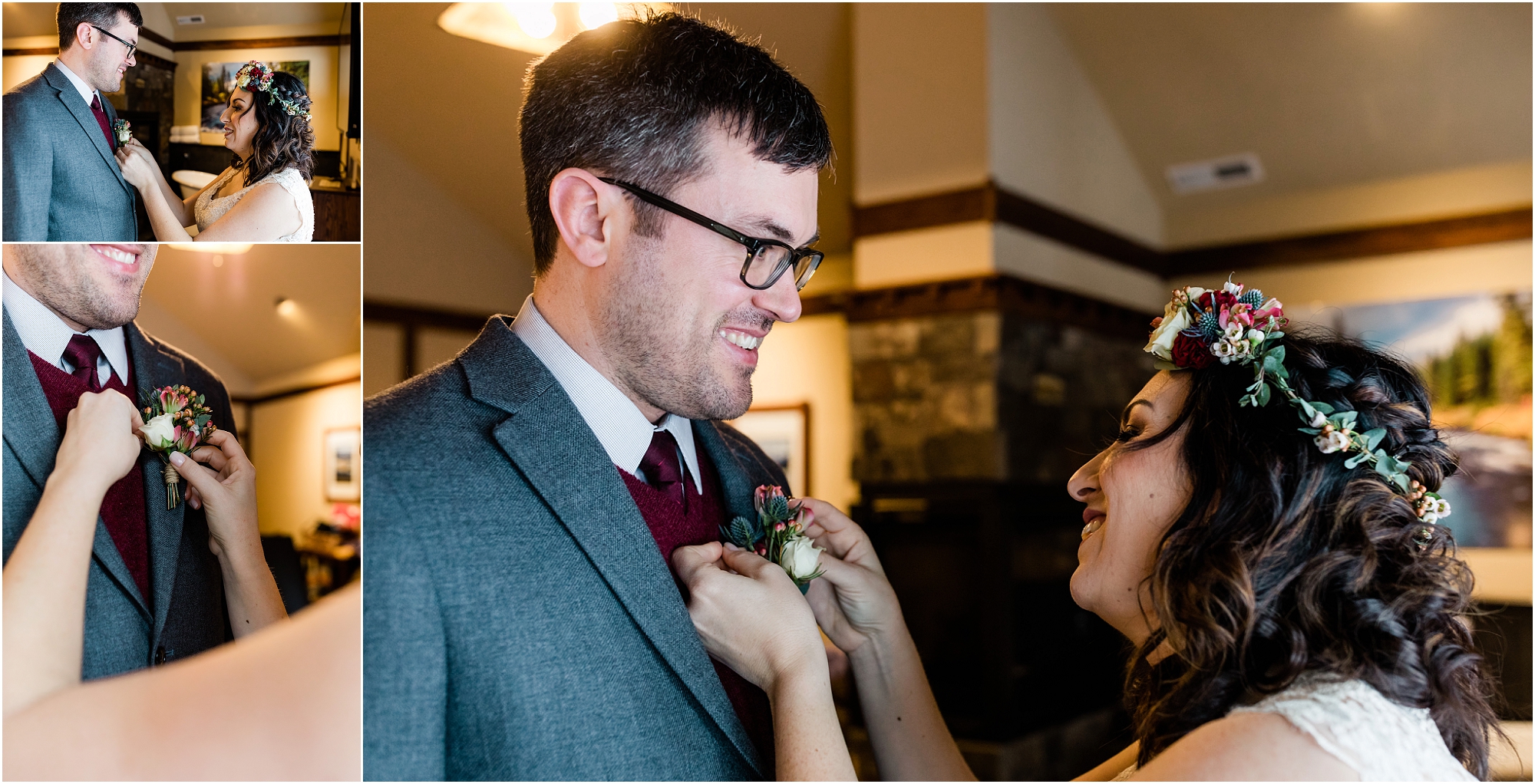 A bride pins a boutonniere on her groom in the room of their cabin at Five Pine Lodge before their Central Oregon winter elopement. | Erica Swantek Photography 