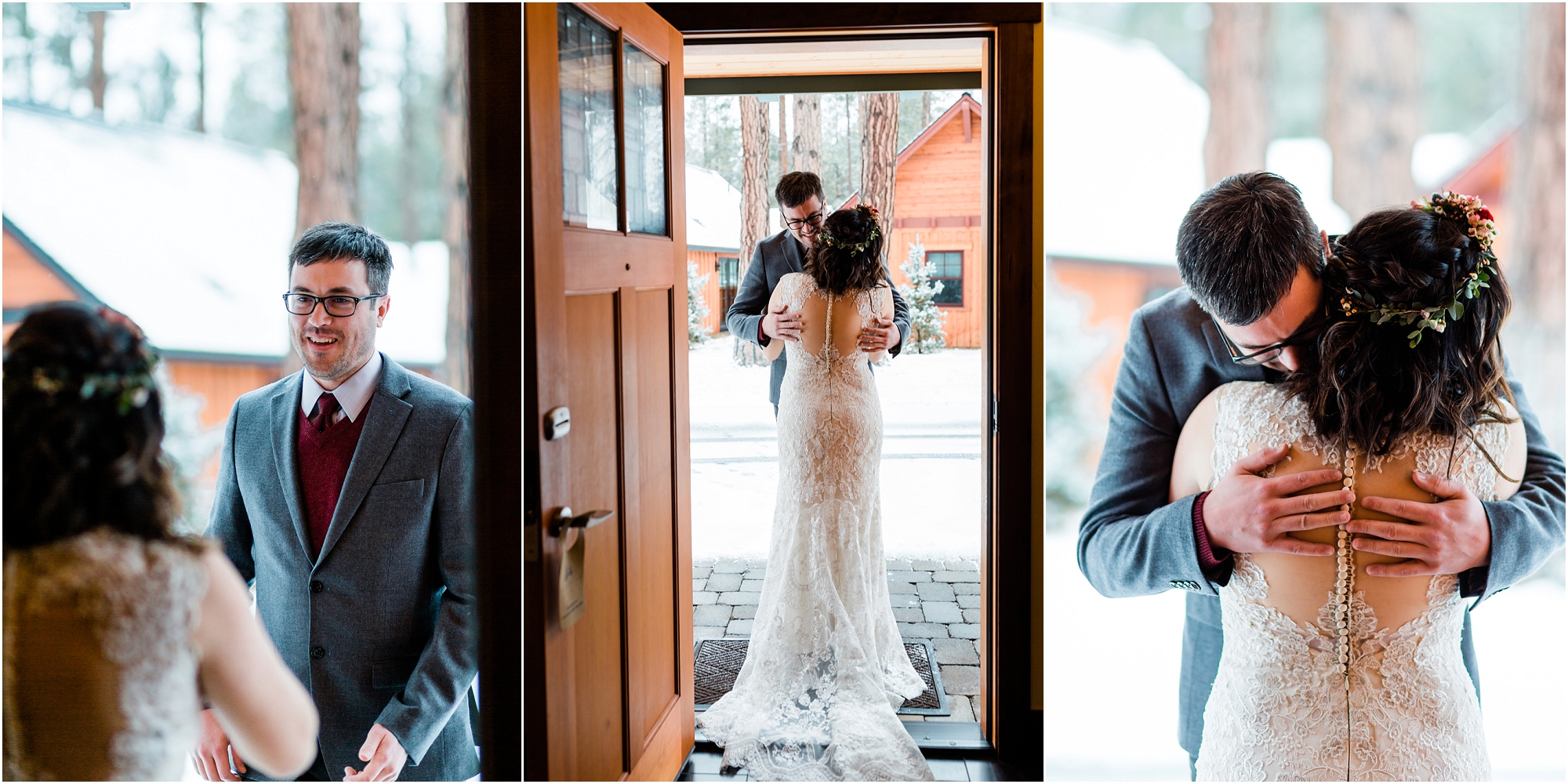 A groom sees his bride for the first time as she opens the door of her rustic cabin at Five Pine Lodge in Sisters, OR before their elopement ceremony. | Erica Swantek Photography