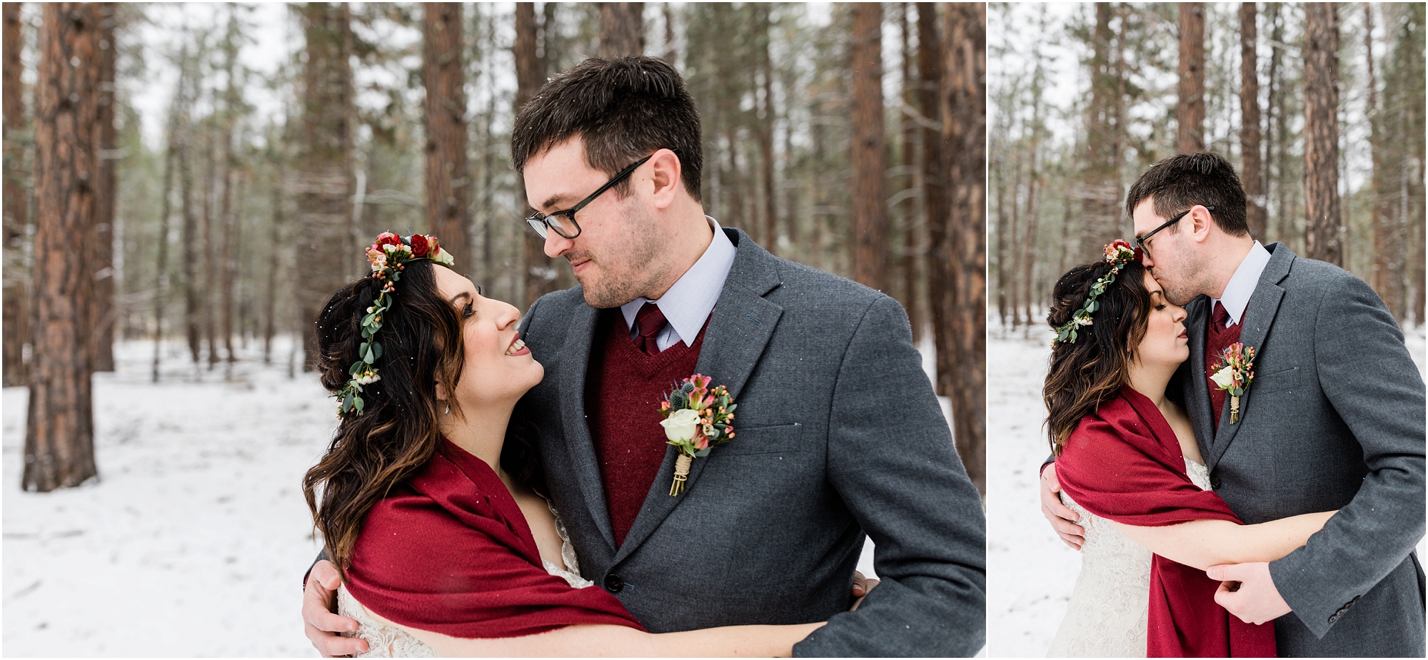 A groom gently kisses his bride's forehead in the snow at their winter elopement at Five Pine Lodge in Sisters, Oregon. | Erica Swantek Photography