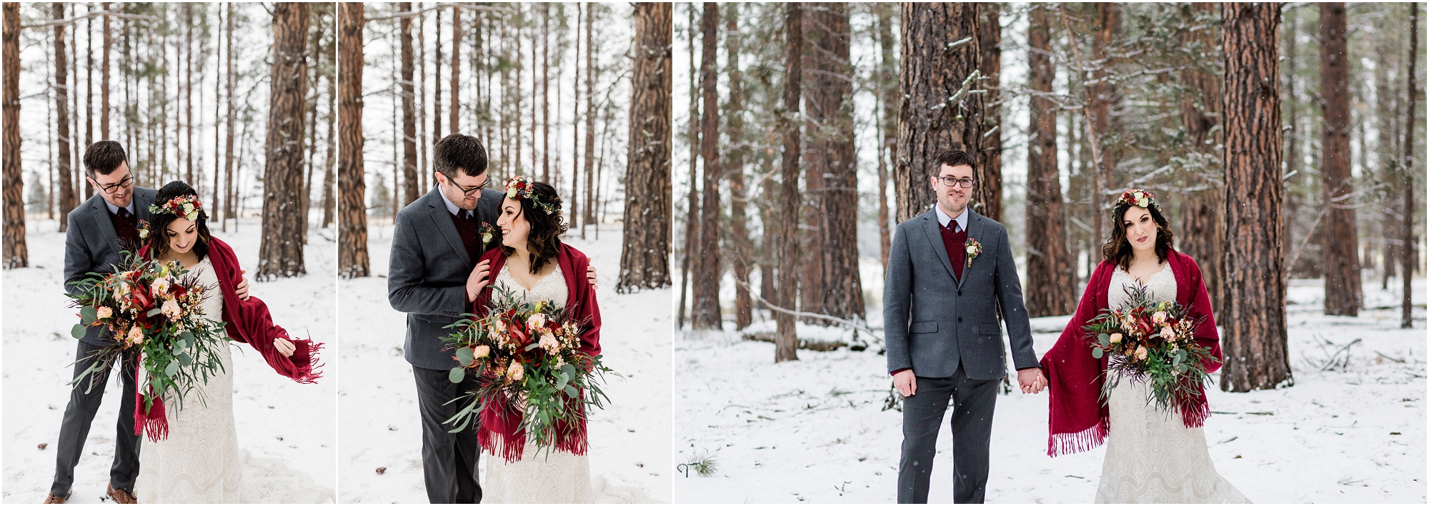A bride and groom, with red accent pieces, really pop out in the snow at their Central Oregon winter elopement at Five Pine Lodge. | Erica Swantek Photography