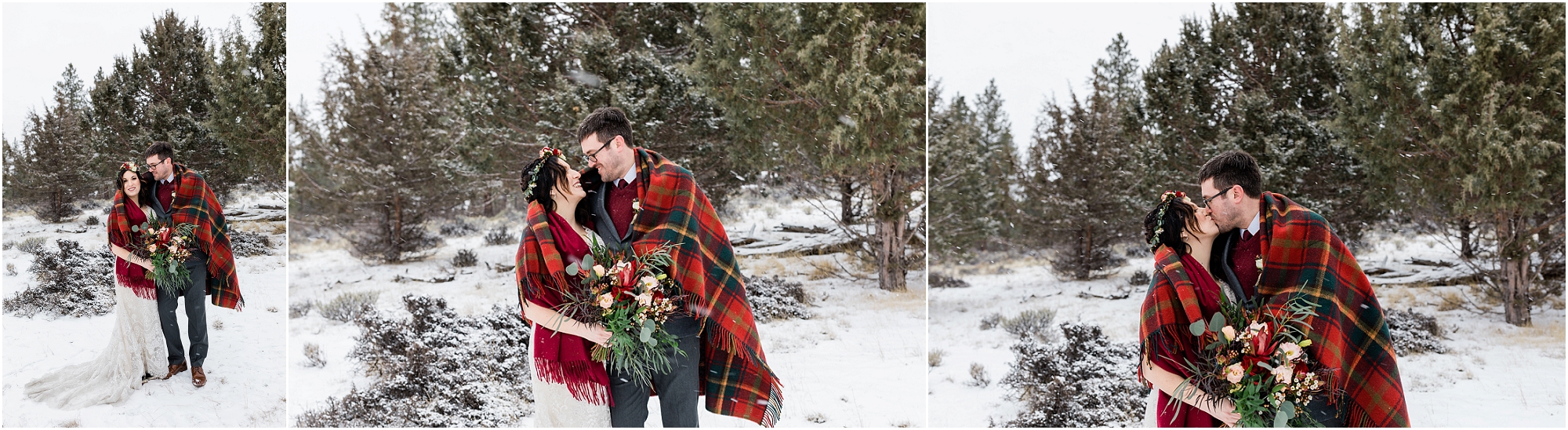 A newly married couple wrapped in a red and green plaid blanket during a snowstorm for their intimate Central Oregon winter elopement near Five Pine Lodge in Sisters, Oregon. | Erica Swantek Photography