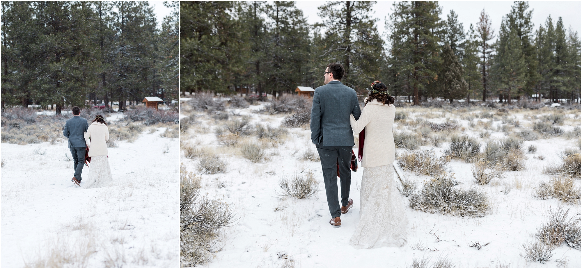 A bride wears a cream fuzzy coat as she walks back with her groom towards their vehicles after eloping in the snow in Sisters, Oregon. | Erica Swantek Photogrpahy