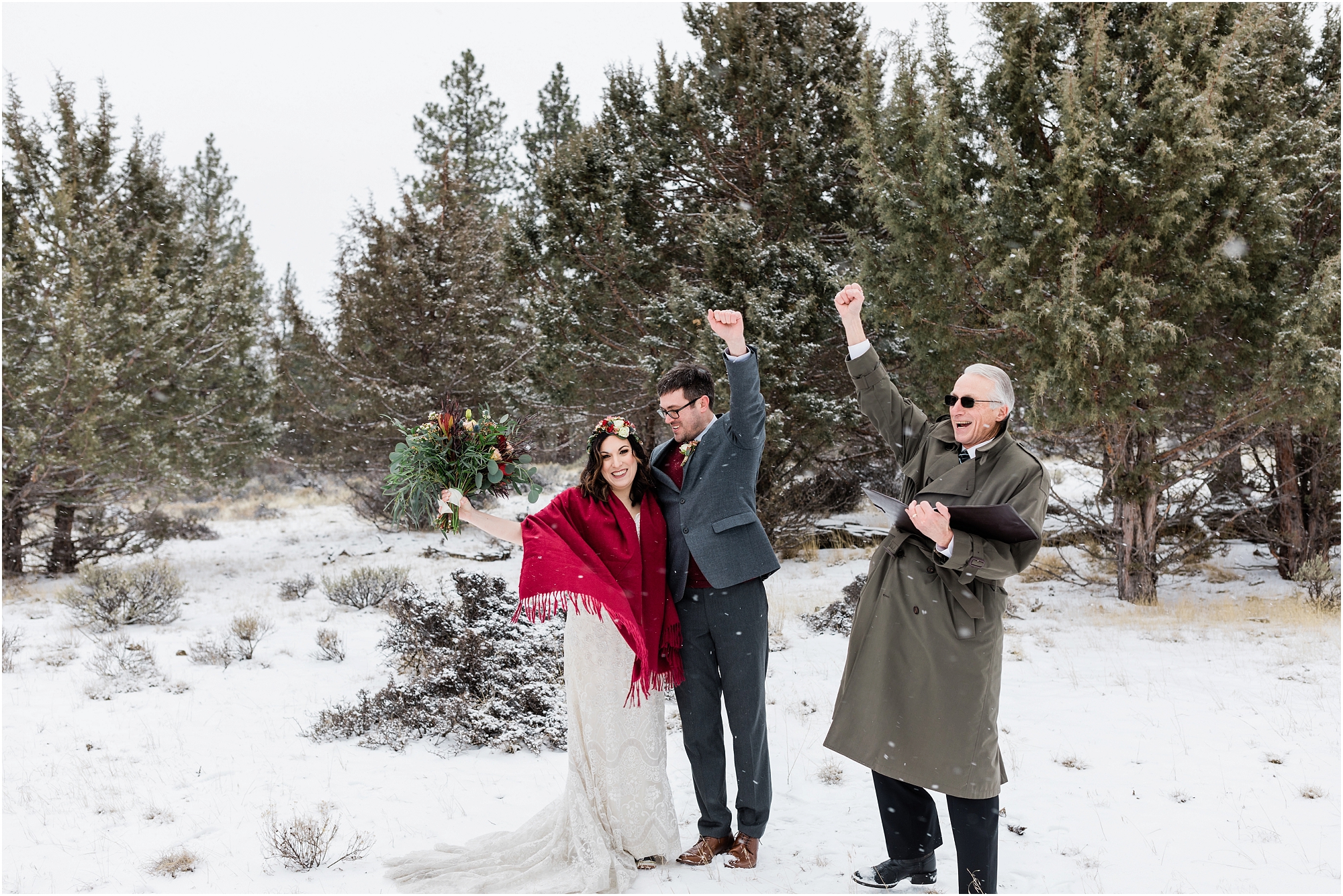 A celebratory fist pump from the groom and officiant at this intimate Central Oregon winter elopement near Five Pine Lodge in Sisters, Oregon. | Erica Swantek Photography