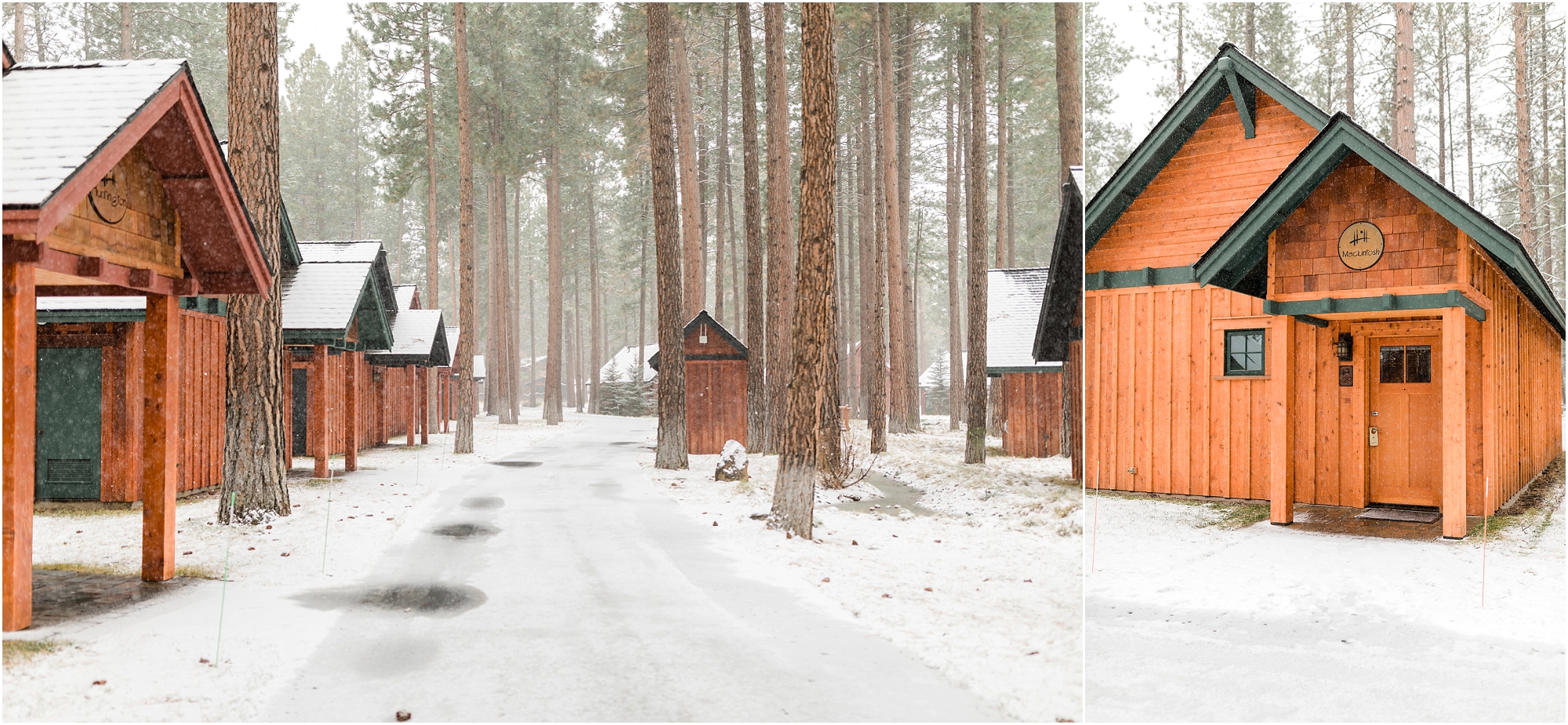 A dusting of white snow blankets the pine trees and pathways between the orange pine cabins at Five Pine Lodge in Sisters for this Central Oregon Winter Elopement. | Erica Swantek Photography