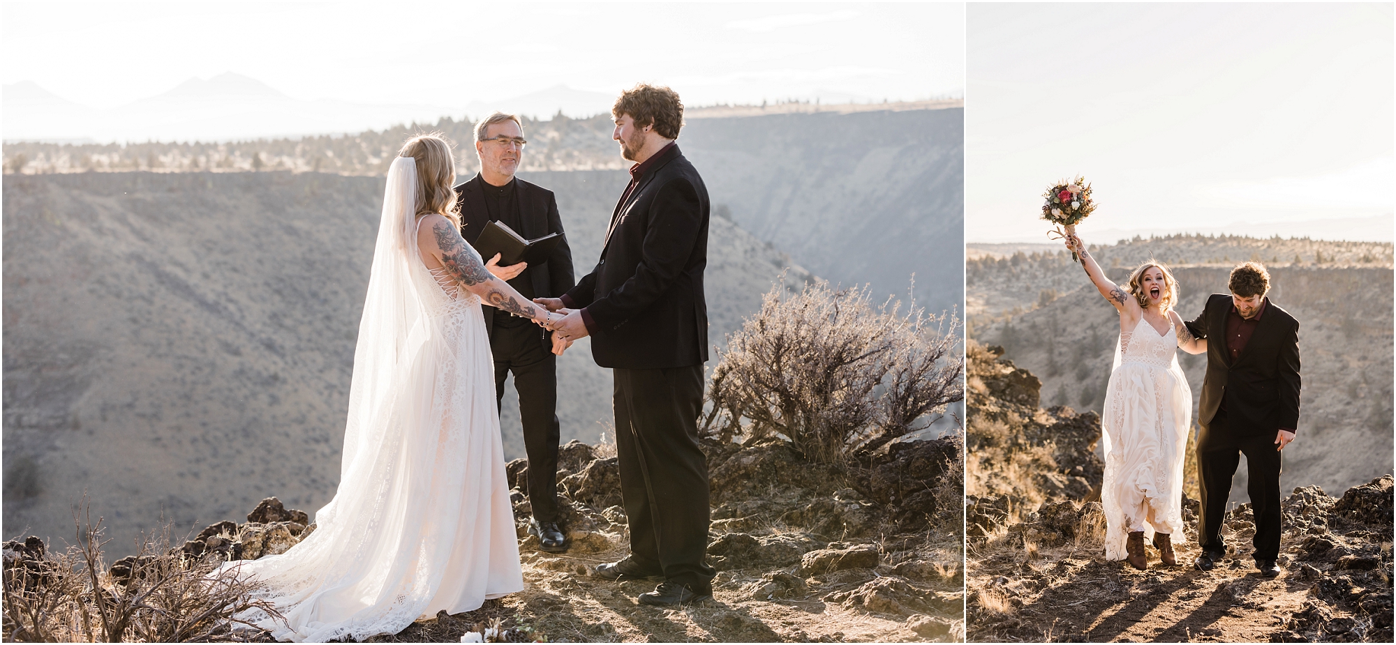 A gorgeous desert landscape for a winter elopement ceremony outside of Bend, Oregon with a tattooed bride and her handsome groom in black and burgundy. | Erica Swantek Photography