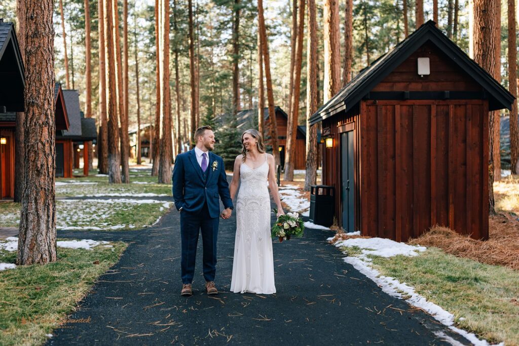 bride and groom during their fivepine lodge wedding day