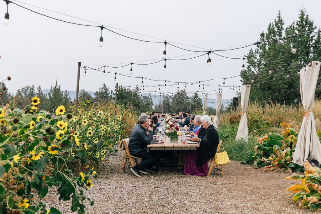 rainshadow organics farm wedding reception set up outdoors surrounded by lush flower fields