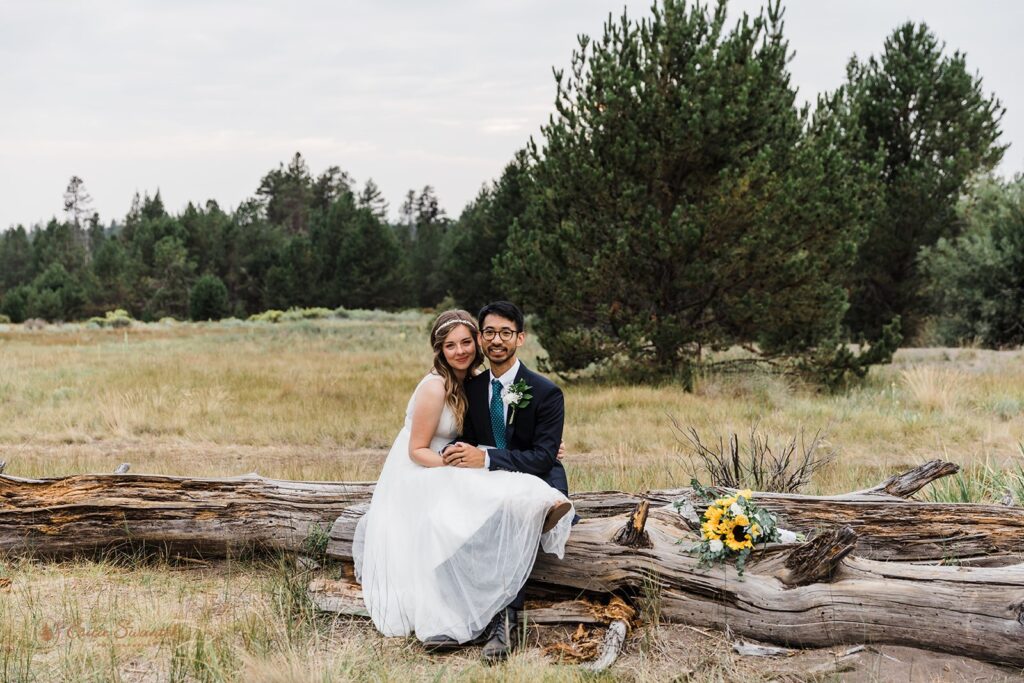 bride and groom sitting on a dry wood during their elopement in sunriver, oregon