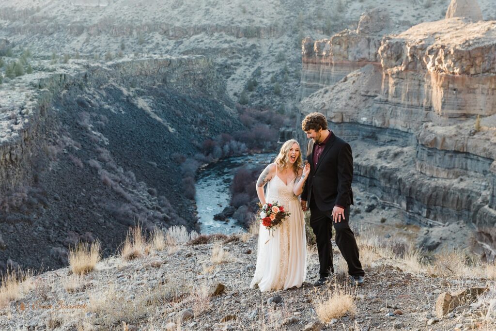 happy bride and groom during their bend oregon elopement