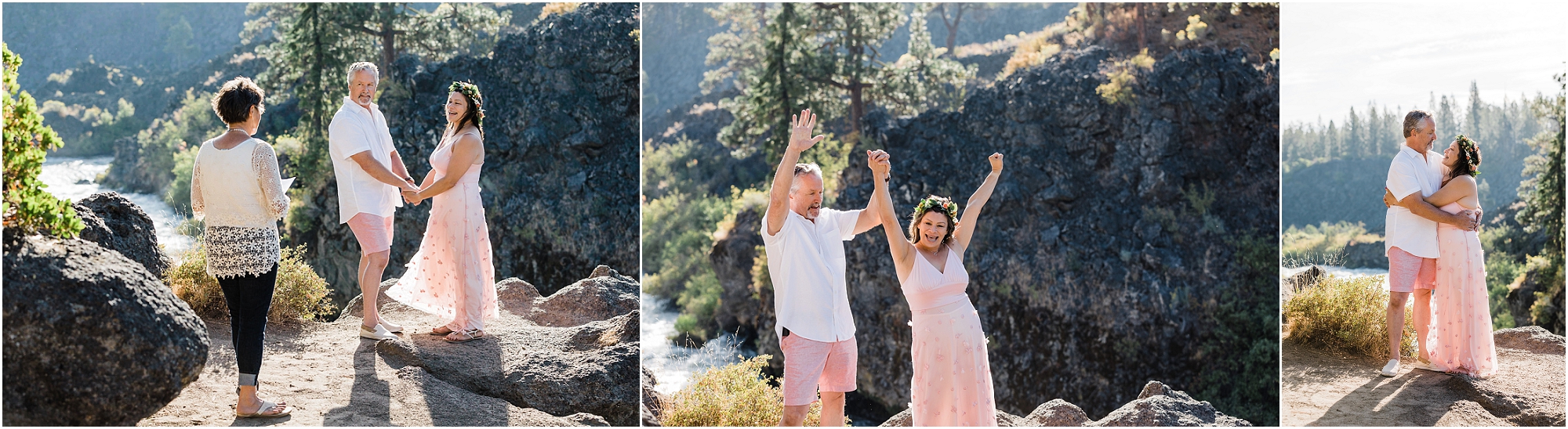 A bride wearing a pink dress and floral crown stands with her groom in pink shorts as they say their vows above the Deschutes River when they elope in Bend Oregon. | Erica Swantek Photography
