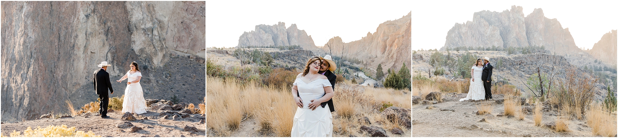 A Latino groom in a cowboy hat wraps his arm around his gorgeous bride at their Smith Rock ceremony as they elope in Bend, Oregon. | Erica Swantek Photography