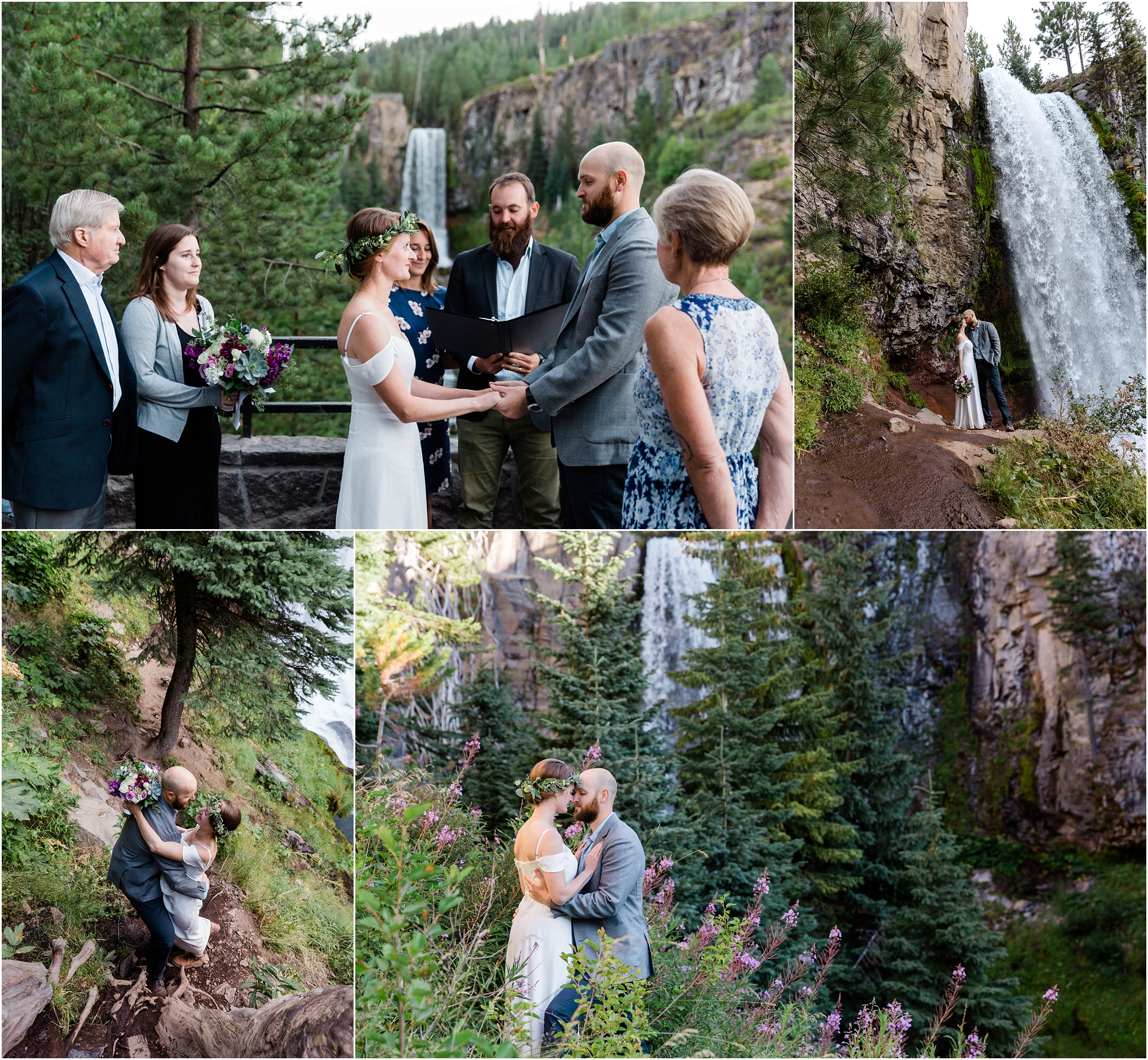 A waterfall ceremony in front of Tumalo Falls is the perfect backdrop to elope in Bend Oregon. | Erica Swantek Photography