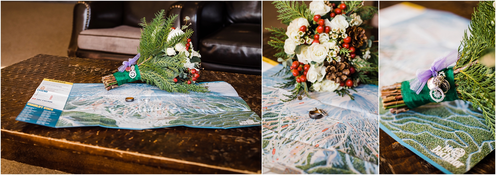 A beautiful winter bouquet of white flowers, red berries, pine cones and green pine boughs sits atop a Mt Bachelor trail map along with the wedding rings for a skiing elopement at Mt Bachelor Ski Resort in Bend, Oregon. | Erica Swantek Photography 