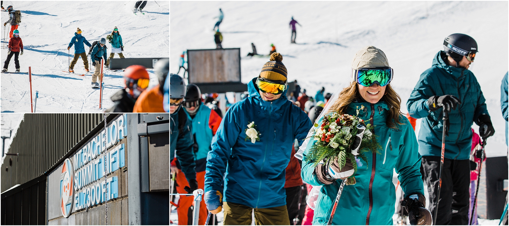 A bride and groom, wearing their ski clothes and carrying a bouquet, stand in the summit lift line at Mt Bachelor Ski Resort in Bend, OR. | Erica Swantek Photography