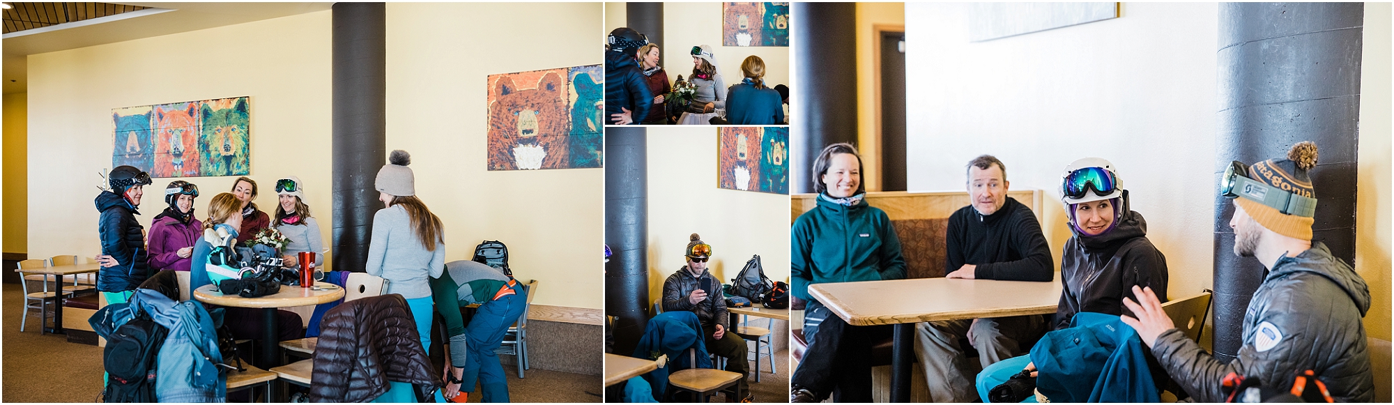 A group of skiers gathers in the lodge with the bride & groom before their Mt Bachelor adventure elopement near Bend, Oregon. | Erica Swantek Photography