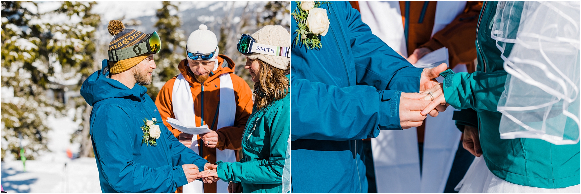 A couple exchanges wedding rings as they say their vows on the slopes of Mt. Bachelor ski resort near Bend, Oregon. | Erica Swantek Photography
