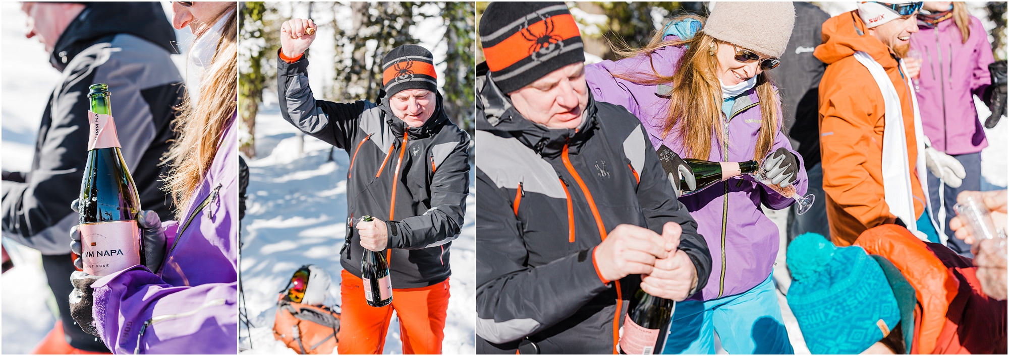 Family and friends pop champagne and toast the newlyweds, all while wearing their ski gear, for this Mt Bachelor adventure elopement in Oregon. | Erica Swantek Photography 