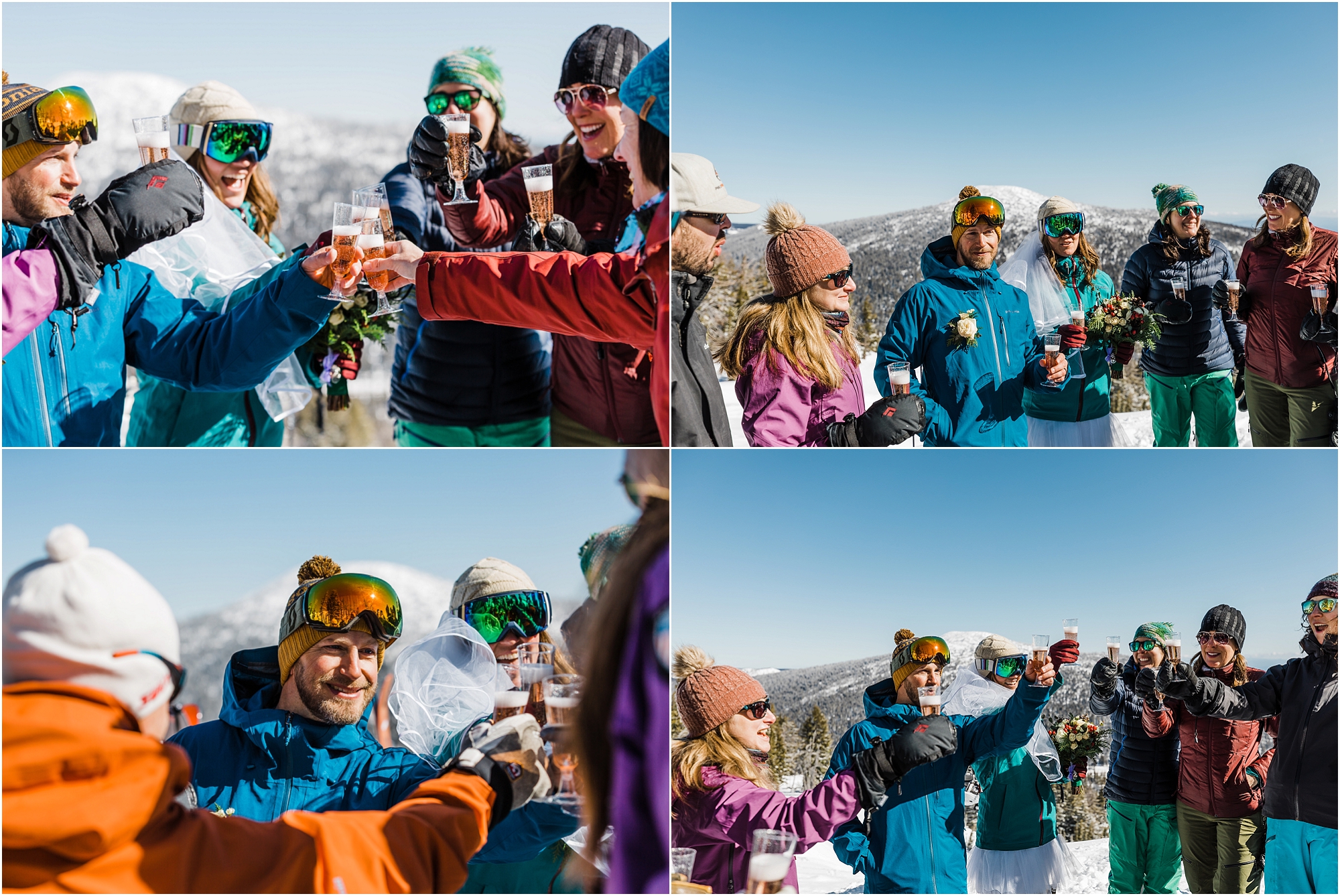 Family and friends pop champagne and toast the newlyweds, all while wearing their ski gear, for this Mt Bachelor adventure elopement in Oregon. | Erica Swantek Photography 