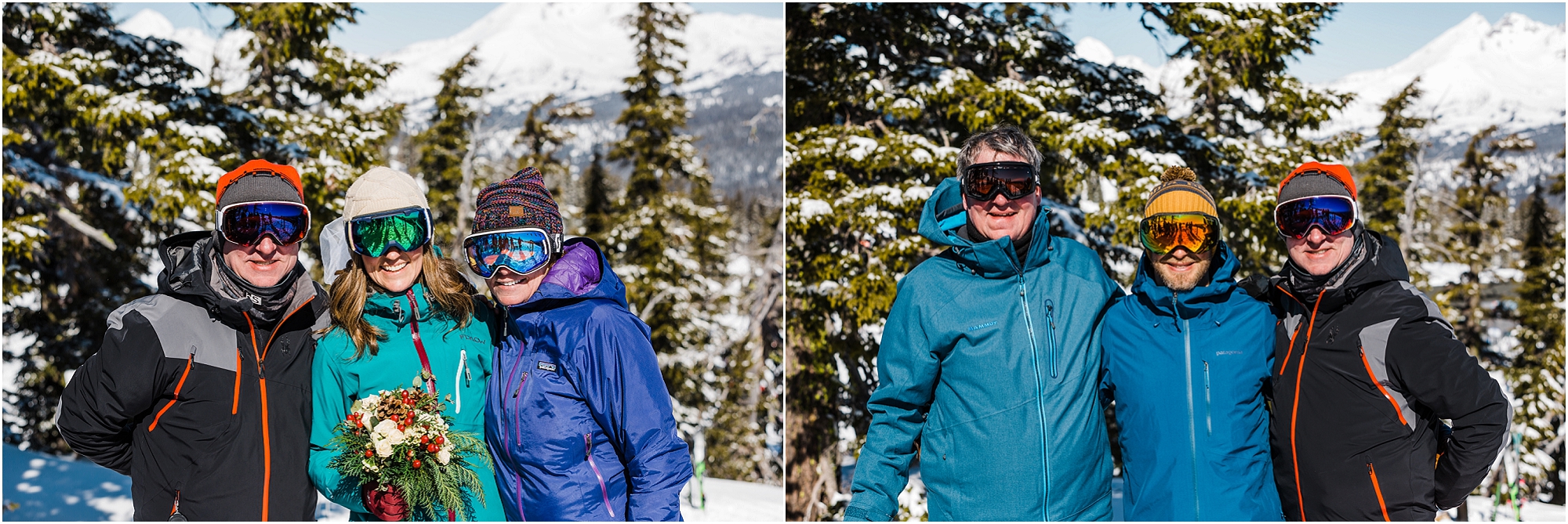 The wedding guests, all wearing winter ski and snowboard gear, celebrate this Mt Bachelor adventure elopement in Oregon. | Erica Swantek Photography