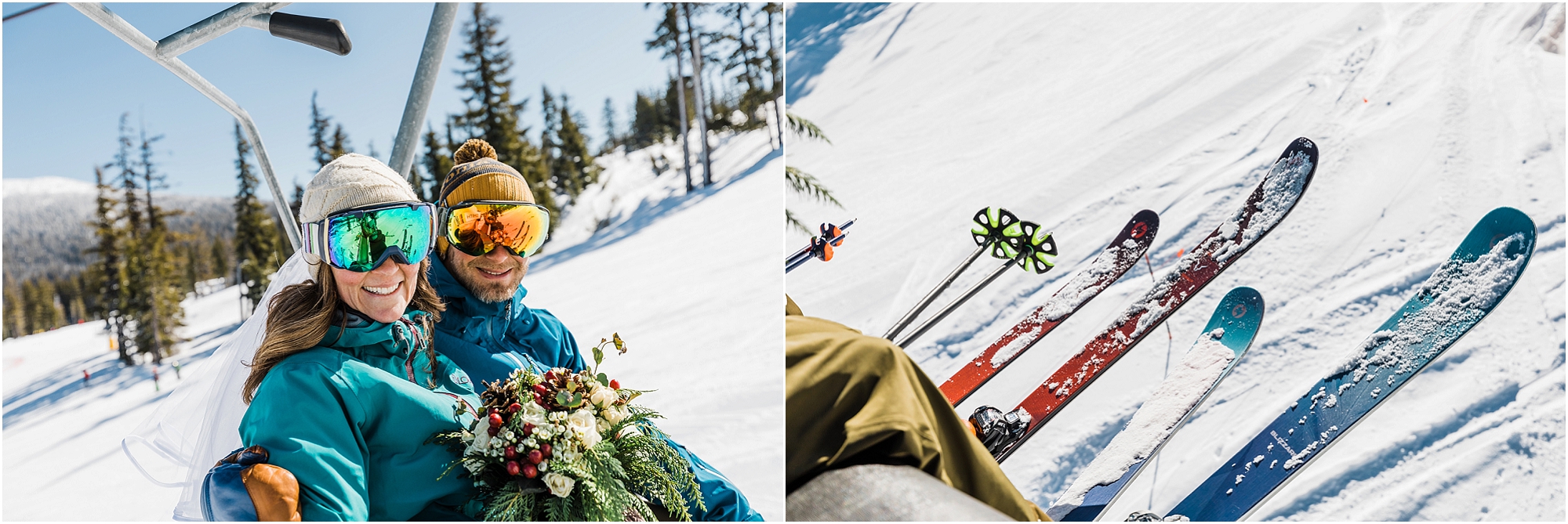 Riding the Pine Martin chairlift with a bride and groom at Mt Bachelor ski resort in Bend, Oregon. | Erica Swantek Photography