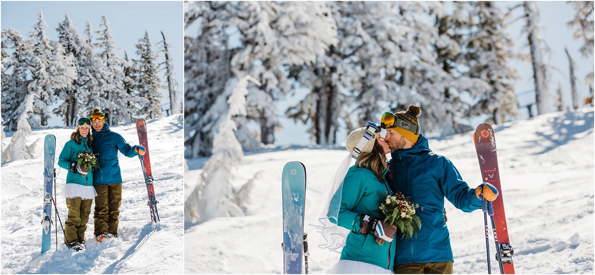 A bride wearing a teal jacket, white tutu and veil, kisses her groom wearing a cobalt blue jacket as they pose with their skis at Mt Bachelor ski resort in Bend, Oregon. | Erica Swantek Photography