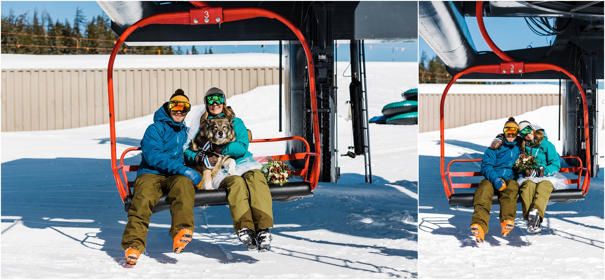 A newly married couple, sits sits with their dog on the Red Chair lift at their Mt Bachelor adventure elopement in Bend, Oregon. | Erica Swantek Photography