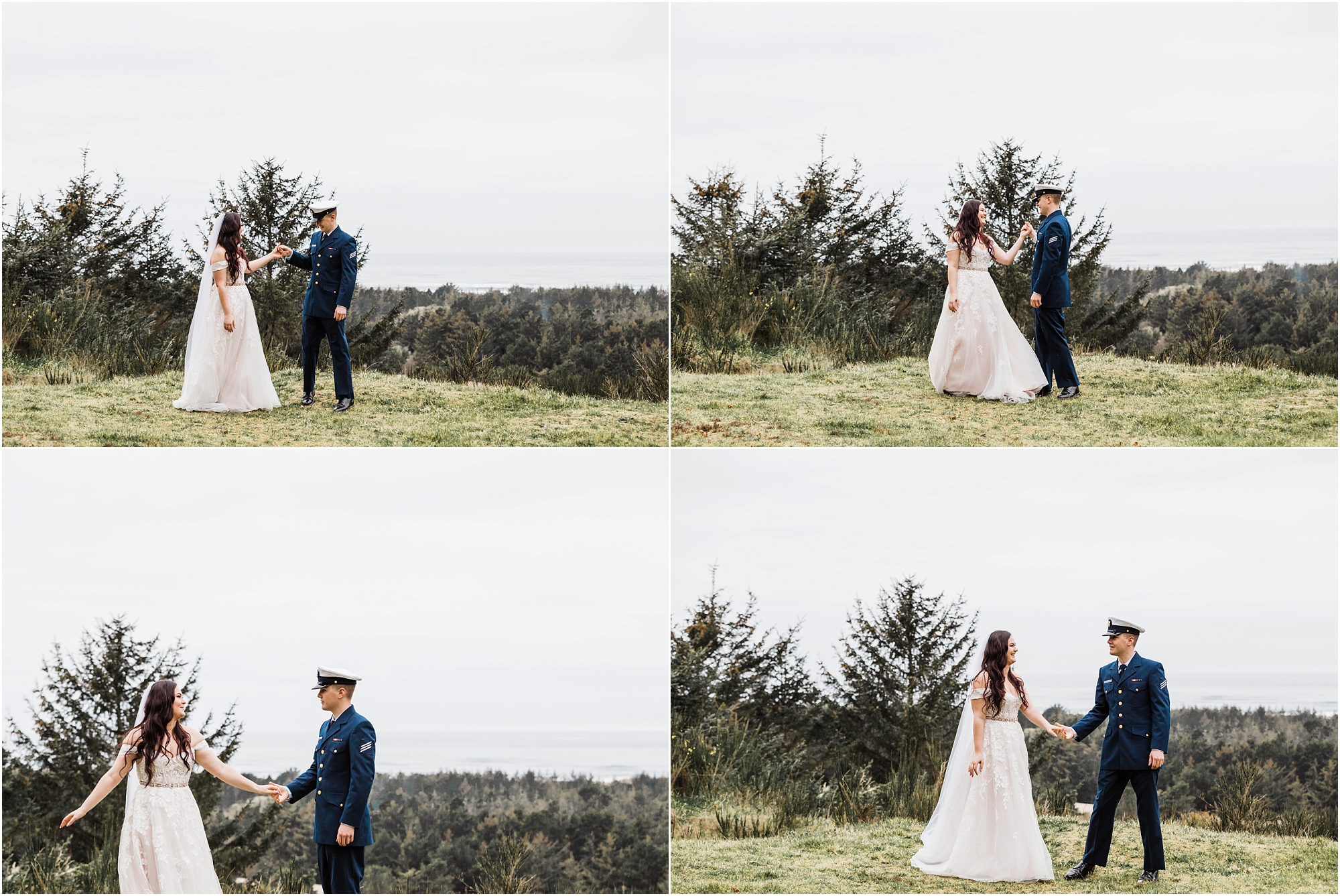 A groom, wearing his navy US Coast Guard uniform, and a bride wearing a blush pink off the shoulder gown, with a long white veil, pose together on a grassy overlook above the ocean for this Oregon Coast Guard Elopement in Winchester Bay. | Erica Swantek Photography