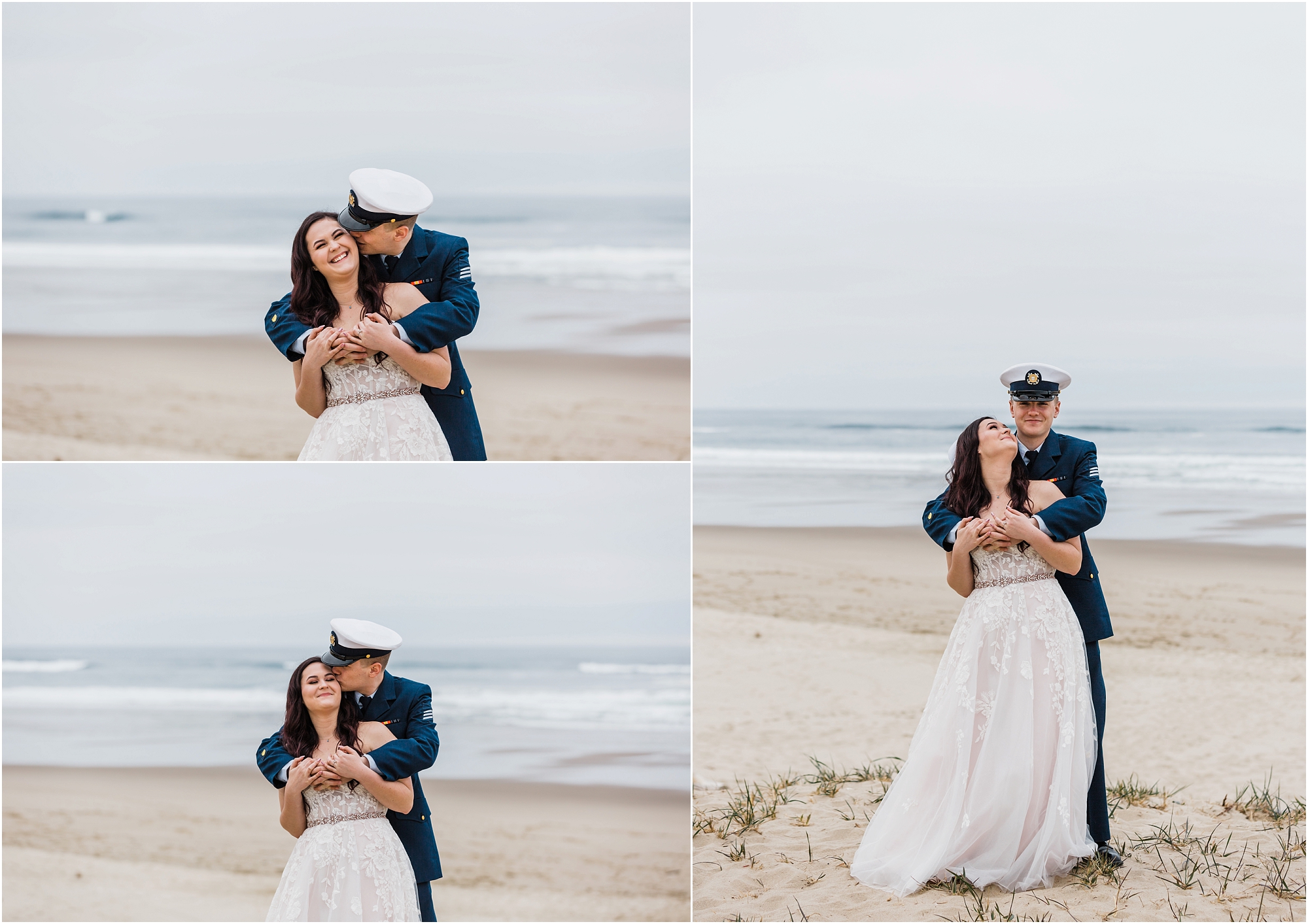 A groom, wearing his navy US Coast Guard uniform, and a bride wearing a blush pink off the shoulder gown, with a long white veil, pose together on the sandy beach along the ocean for this Oregon Coast Guard Elopement in Winchester Bay. | Erica Swantek Photography