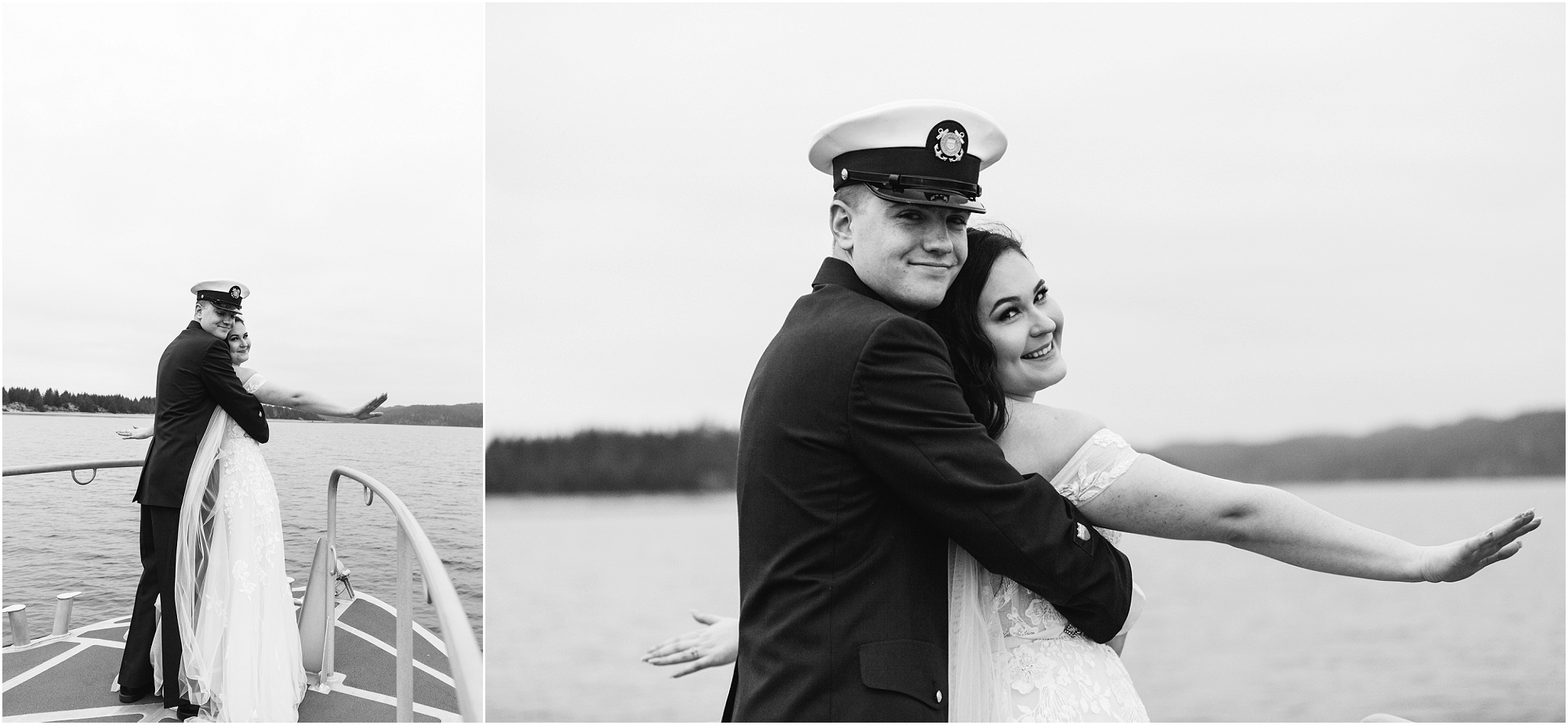 An Oregon Coast Guard elopement, officiated on the deck of the ship in Winchester Bay, Oregon with a groom wearing his navy Coast Guard uniform and a bride wearing a blush pink gown and white veil. | Erica Swantek Photography