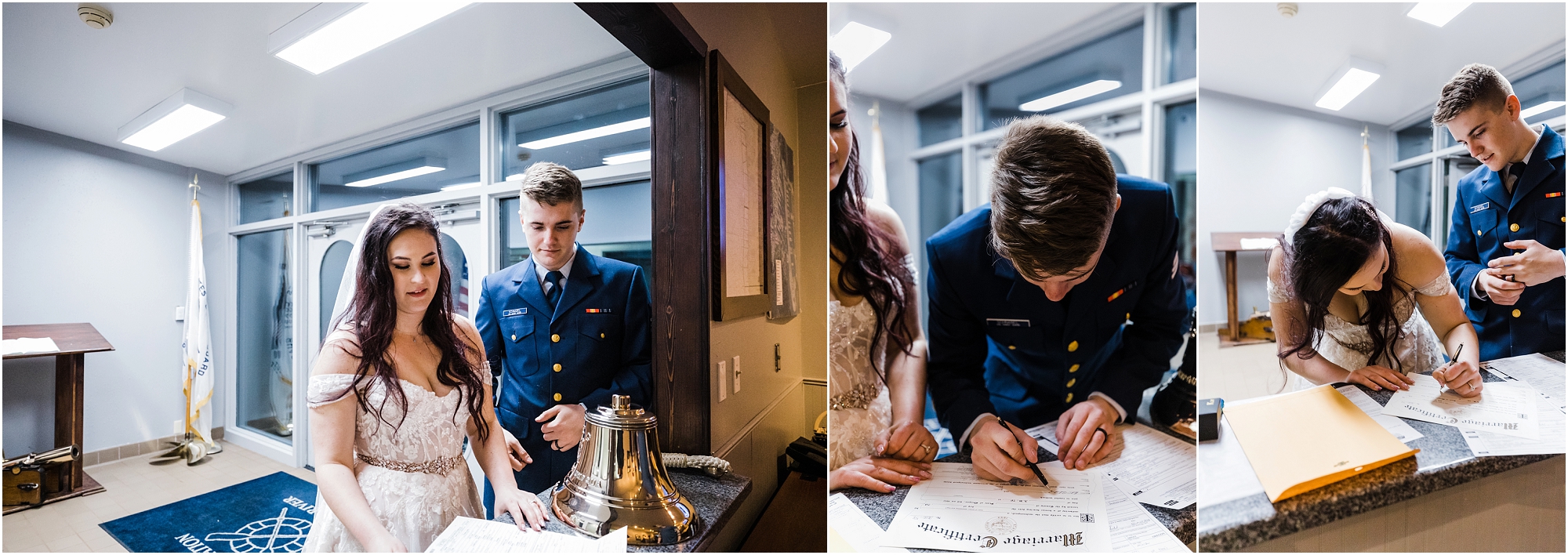 A bride and groom sign their marriage license on the desk of the base at the US Coast Guard facility in Winchester Bay, Oregon. | Erica Swantek Photography