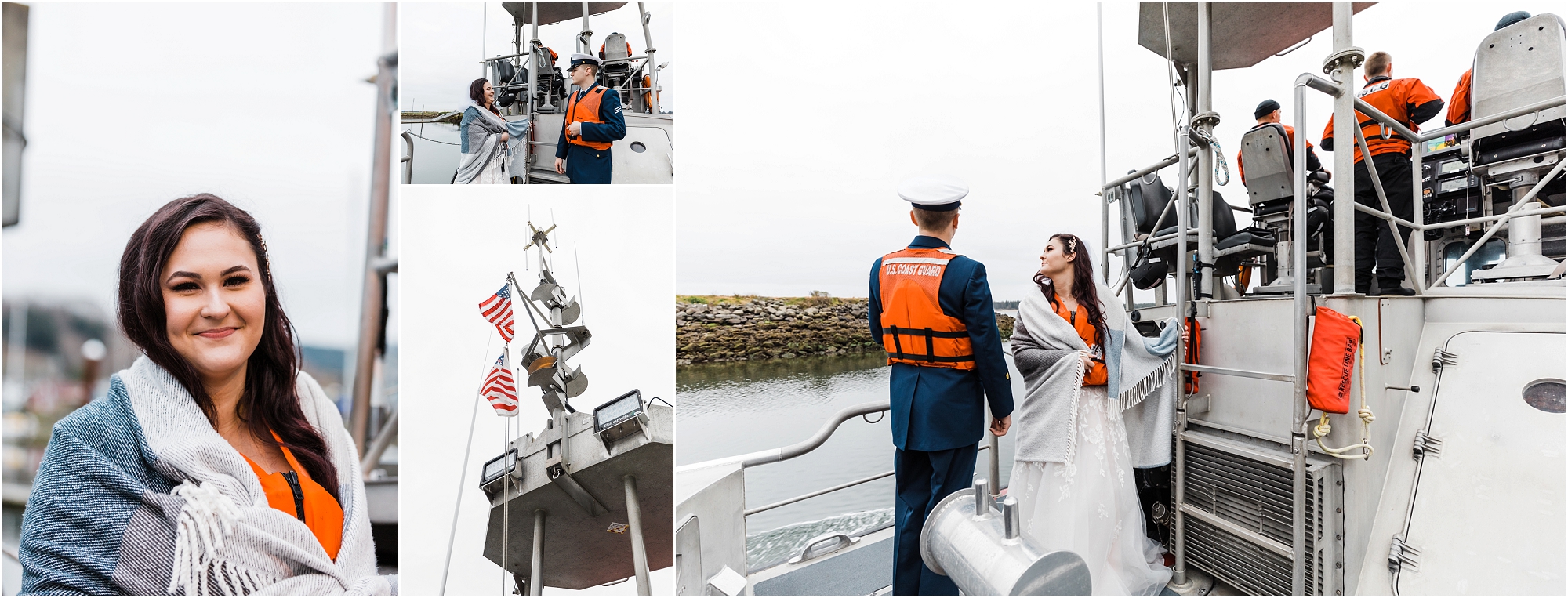 A bride and groom, both wearing bright orange life jackets, ride on the deck of a US Coast Guard ship as we portage out to sea for their adventure elopement in Oregon. | Erica Swantek Photography