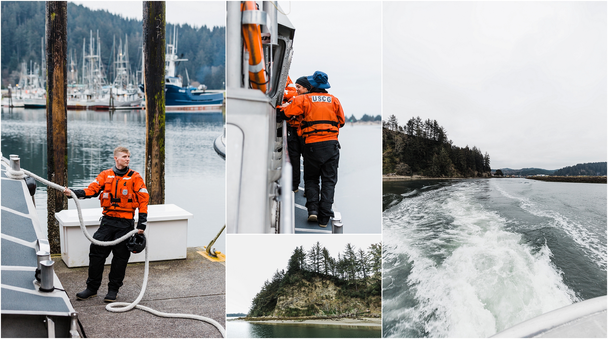 A US Coast Guard crew gets a ship ready to take a couple out on the water for their Oregon Coast Guard elopement. | Erica Swantek Photography