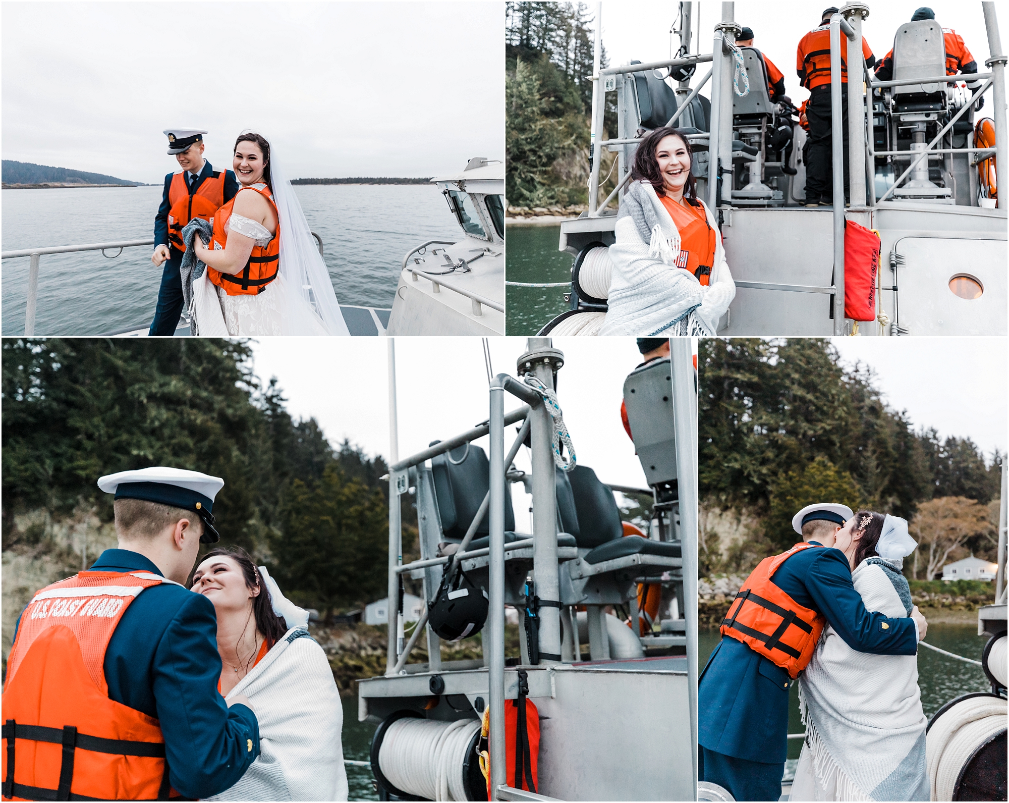 A bride and groom, both wearing bright orange life jackets, ride on the deck of a US Coast Guard ship as we portage out to sea for their adventure elopement in Oregon. | Erica Swantek Photography