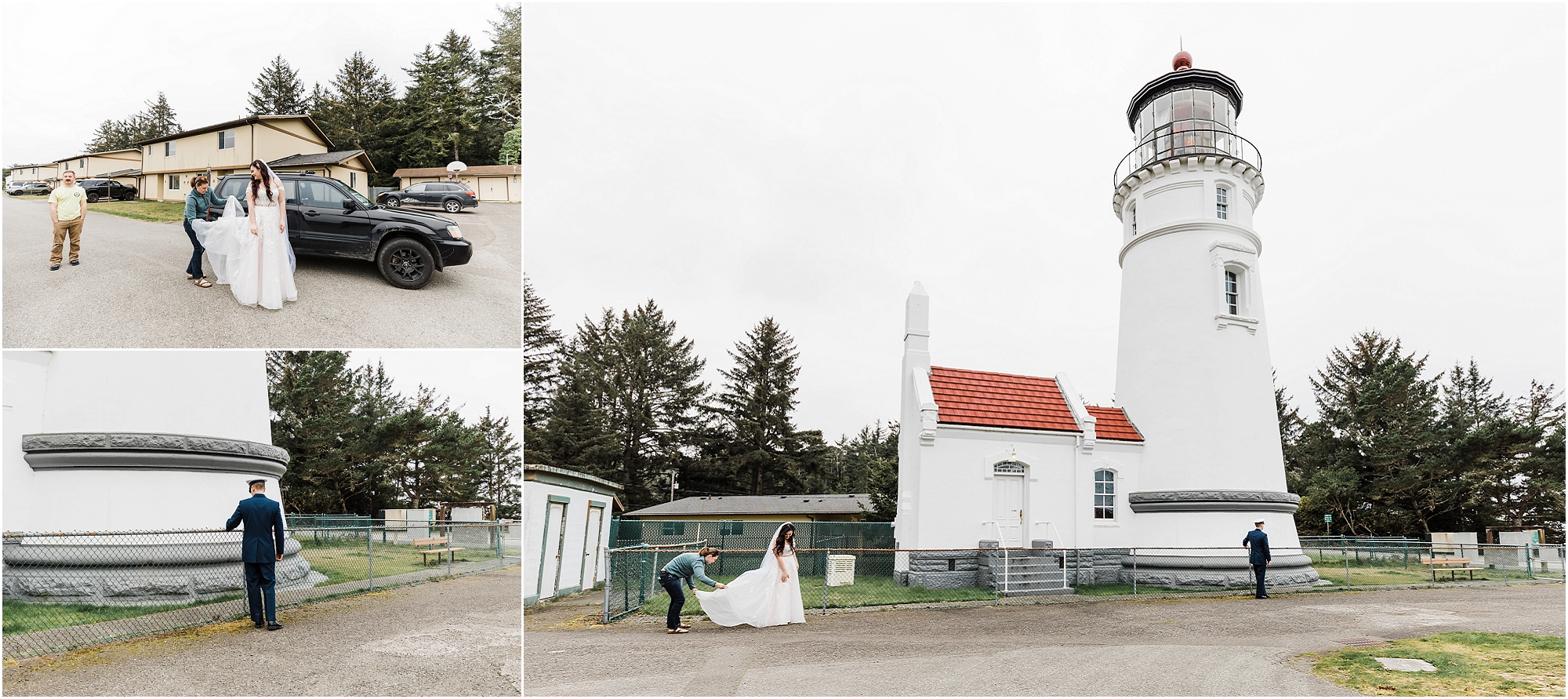 A white lighthouse with red shingle roof towers over a groom wearing his Coast Guard blue uniform, as his bride, wearing a gorgeous blush gown with off the shoulder sleeves and a sparkly belt and white veil see each other on their elopement day on the Oregon Coast. | Erica Swantek Photography