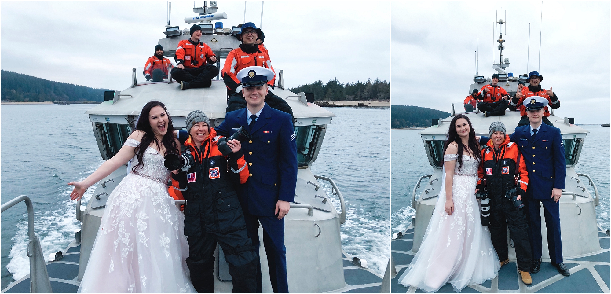 The crew of the US Coast Guard ship serve as witnesses for this Oregon Coast adventure elopement! | Erica Swantek Photography