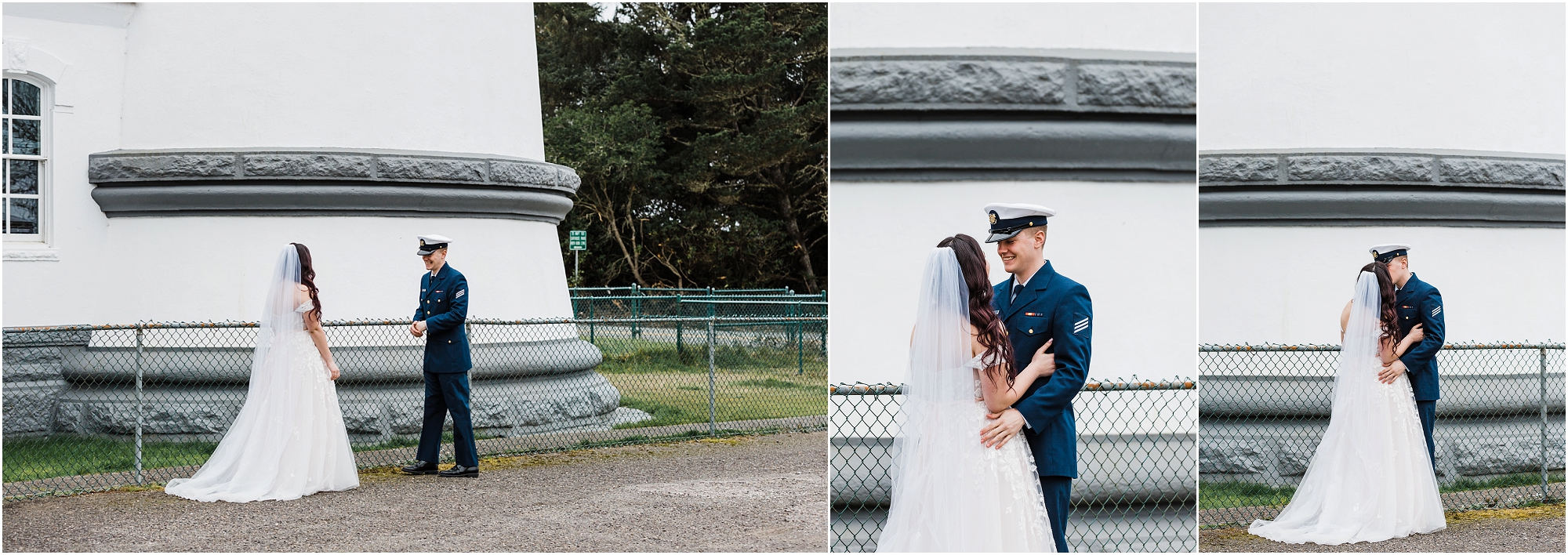 A groom, wearing his US Coast Guard navy uniform, sees his bride wearing a blush pink wedding dress and a white long veil in front of the Umpqua River Lighthouse along the Oregon Coast. | Erica Swantek Photography